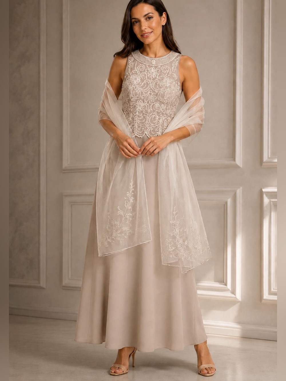 J Kara Champagne Beaded Evening Bodice Chiffon Maxi Dress